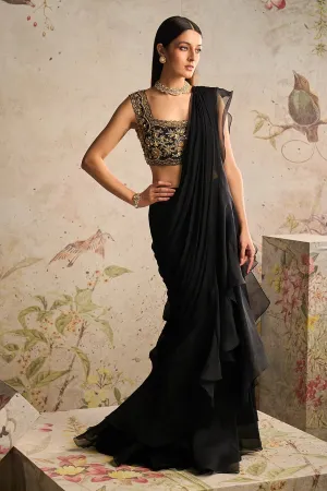 Black Chiffon Draped Frilled Saree Set
