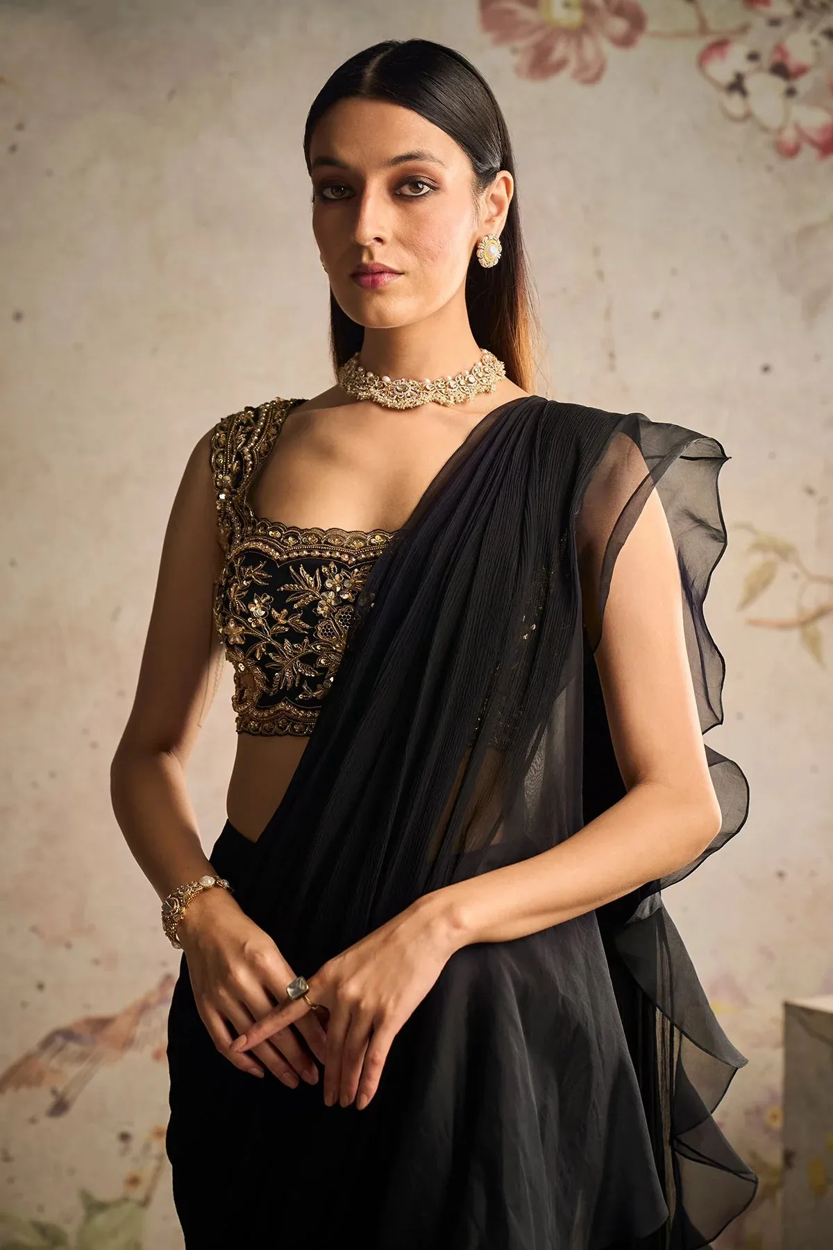 Black Chiffon Draped Frilled Saree Set