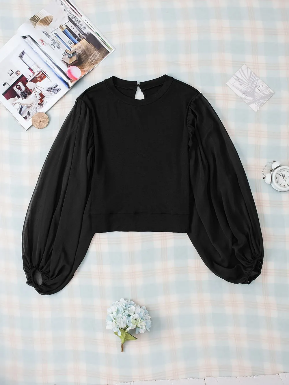Black Chiffon Top with Bishop Sleeves