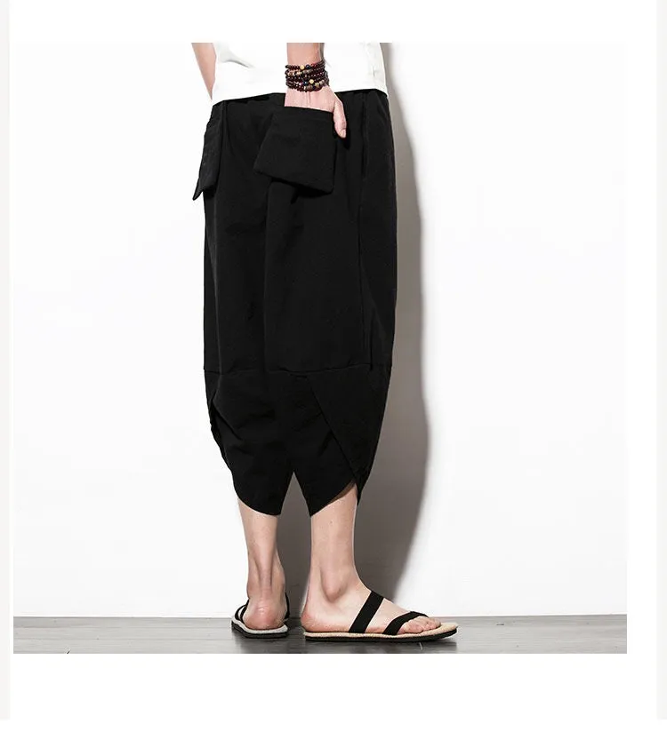 Black Embroidered Koi Drawstring Cropped Pants