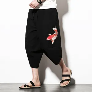 Black Embroidered Koi Drawstring Cropped Pants