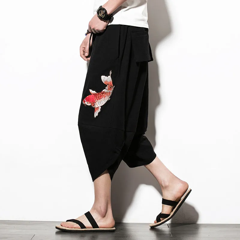 Black Embroidered Koi Drawstring Cropped Pants