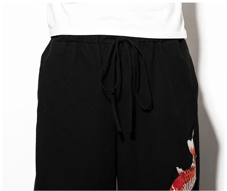 Black Embroidered Koi Drawstring Cropped Pants