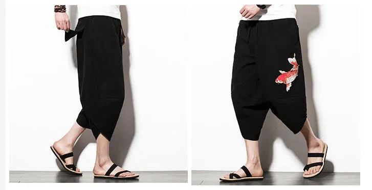 Black Embroidered Koi Drawstring Cropped Pants