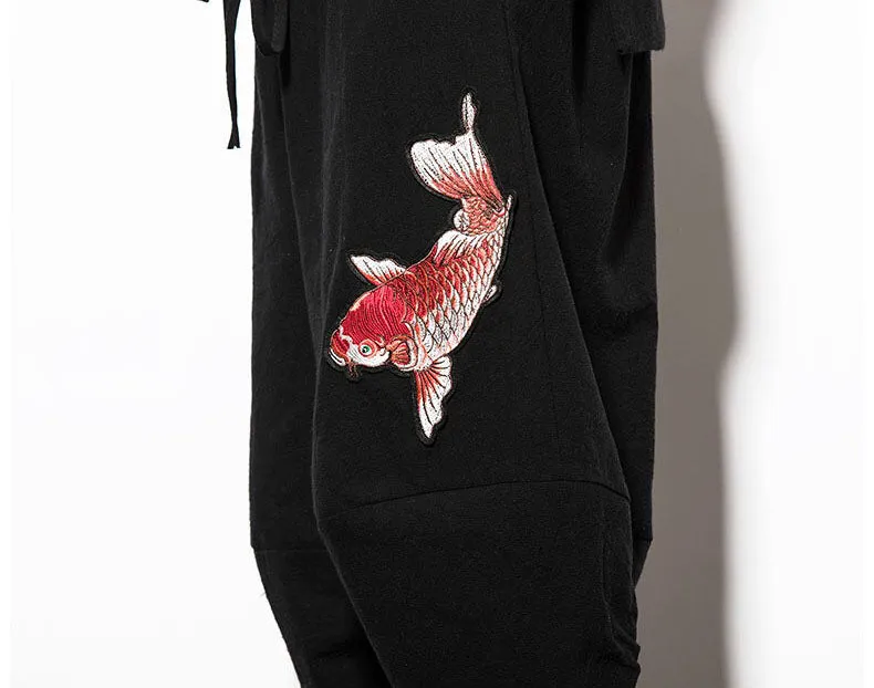 Black Embroidered Koi Drawstring Cropped Pants