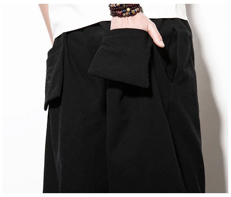 Black Embroidered Koi Drawstring Cropped Pants