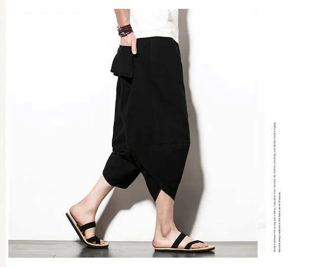 Black Embroidered Koi Drawstring Cropped Pants
