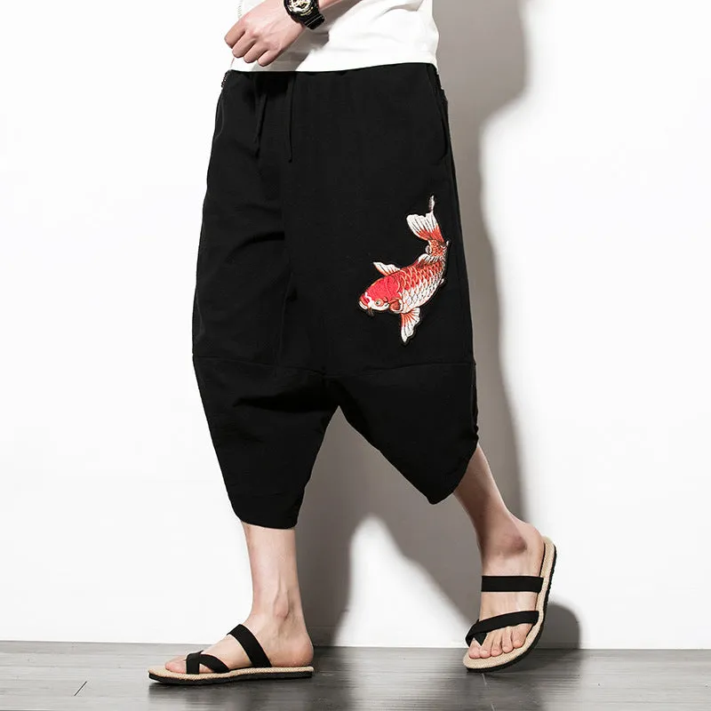 Black Embroidered Koi Drawstring Cropped Pants