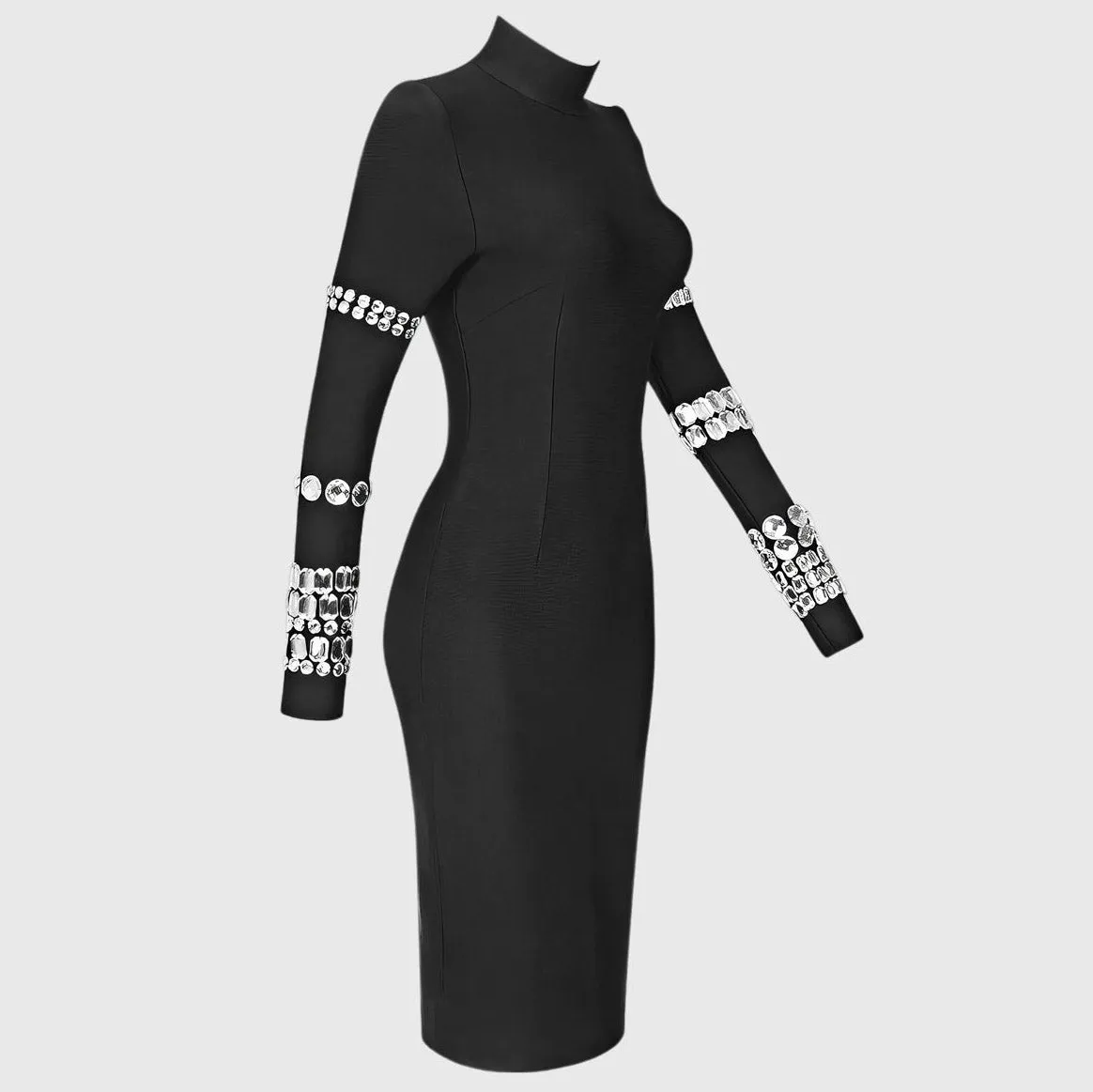 Black HIGH NECK MIDI Dress with RHINESTONES