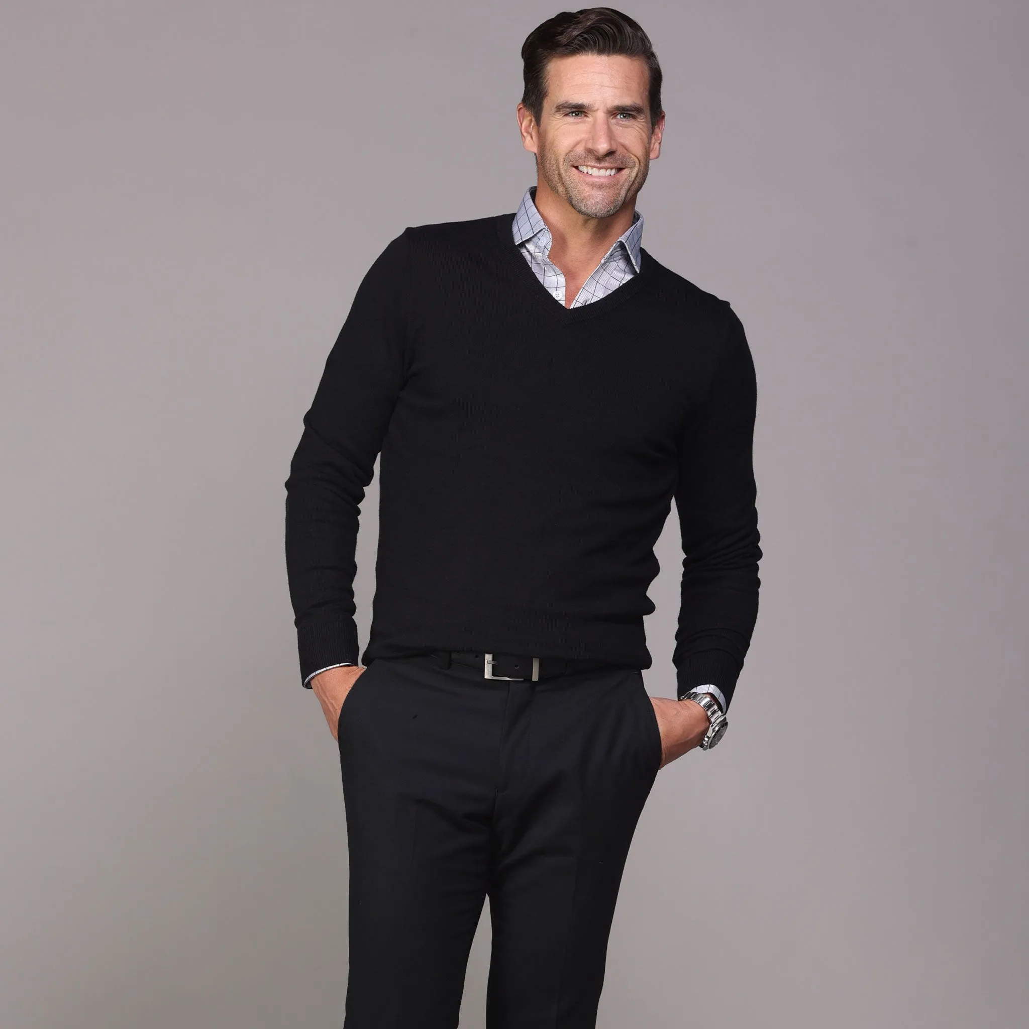 Black Luxury Touch Cotton and Cashmere V-Neck Sweater