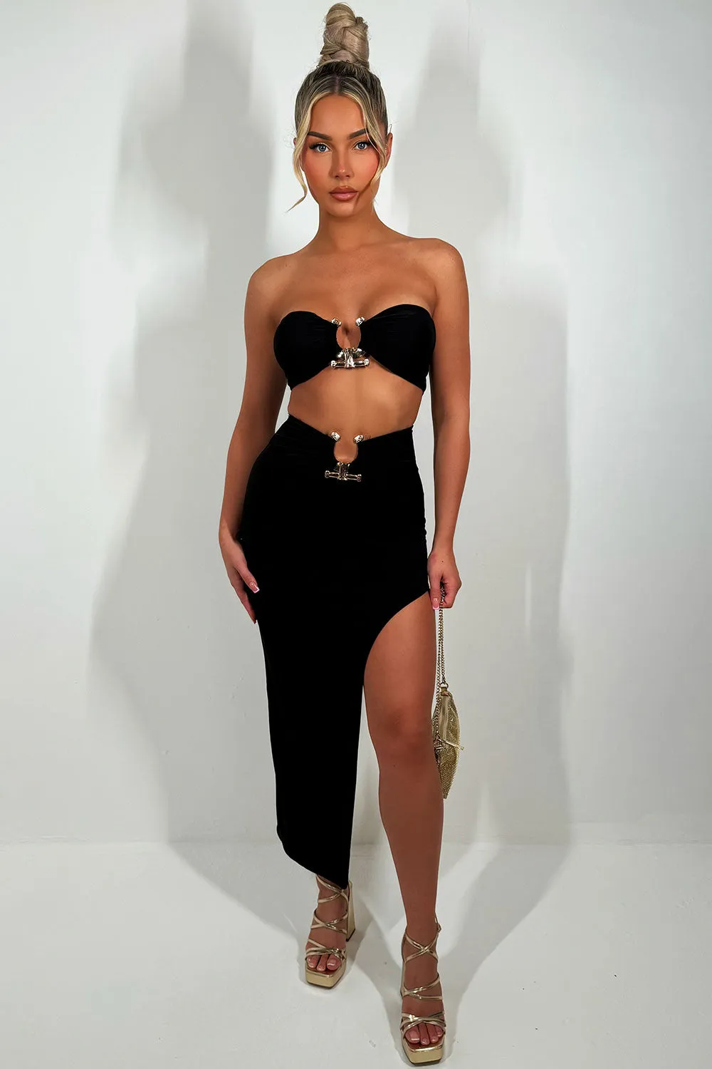 Black Maxi Skirt And Bandeau Top With Gold Buckle Set