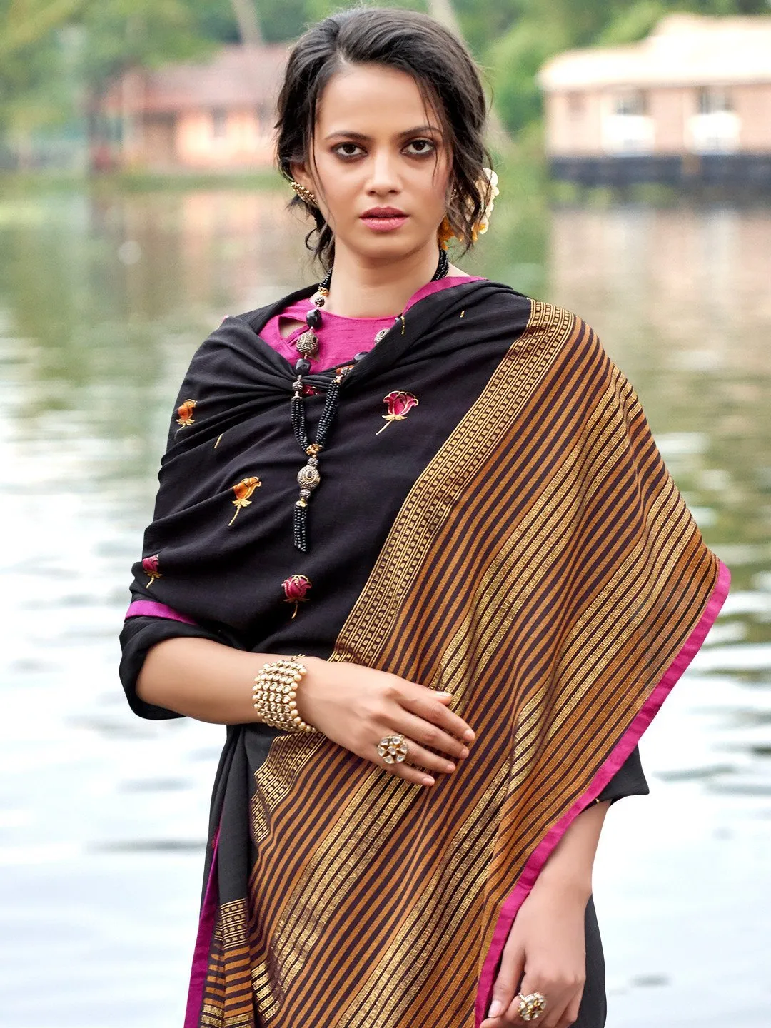 Black Print Chiffon Sarees for Women With Blouse