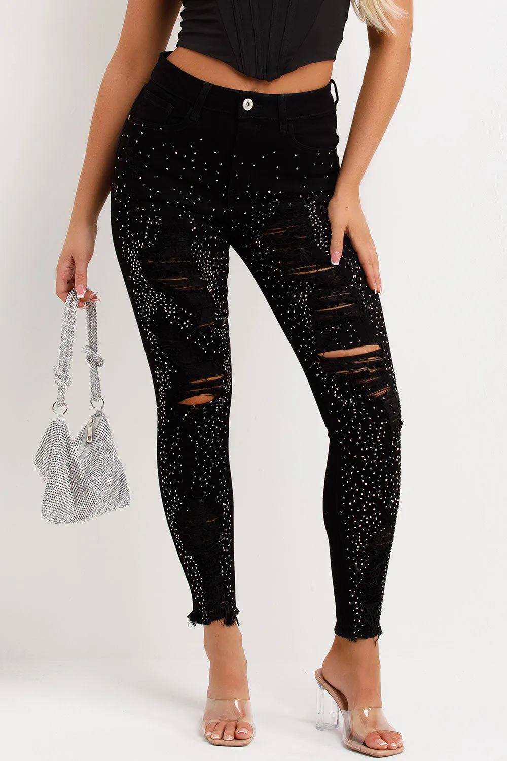 Black Ripped Jeans With Diamante Detail