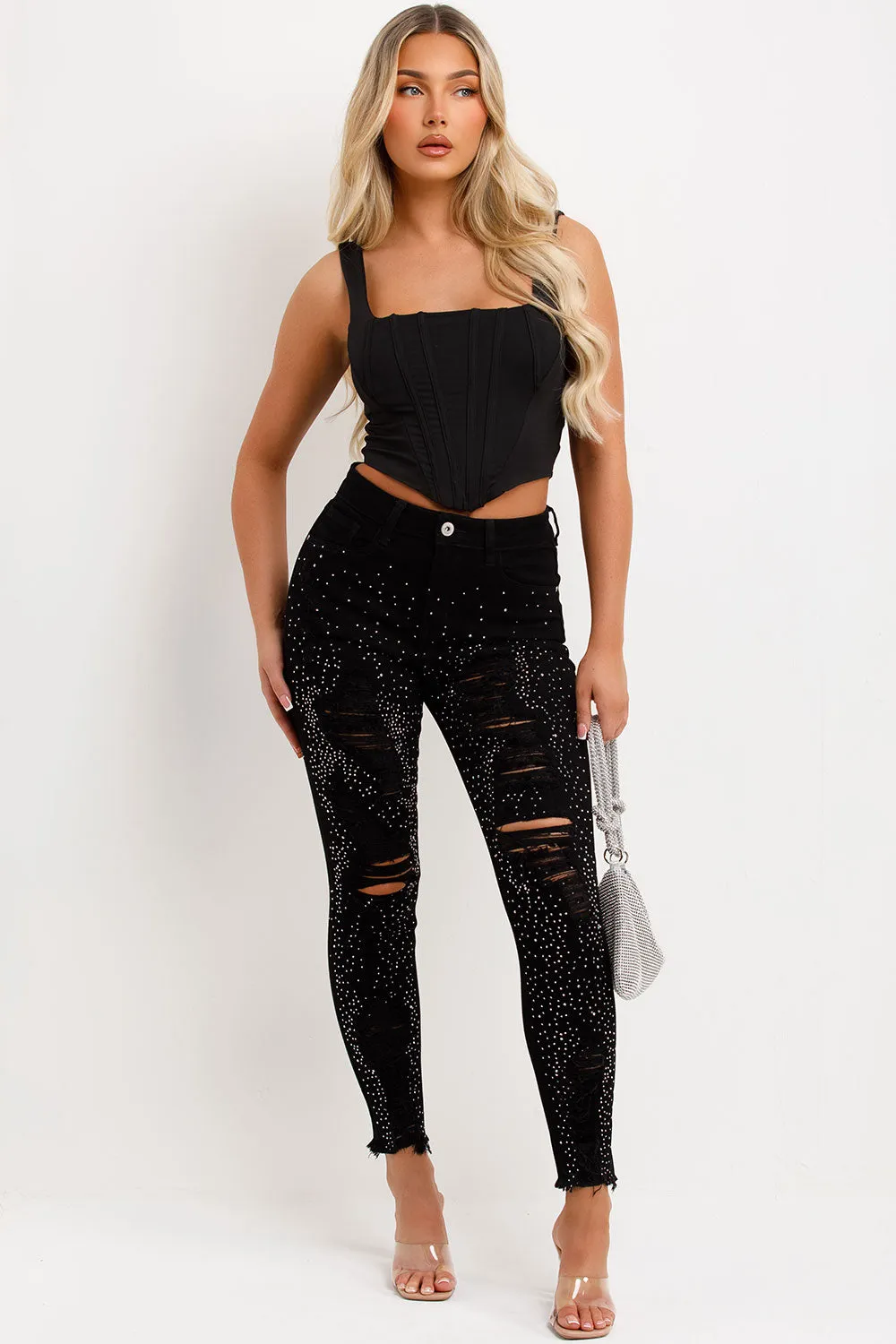Black Ripped Jeans With Diamante Detail