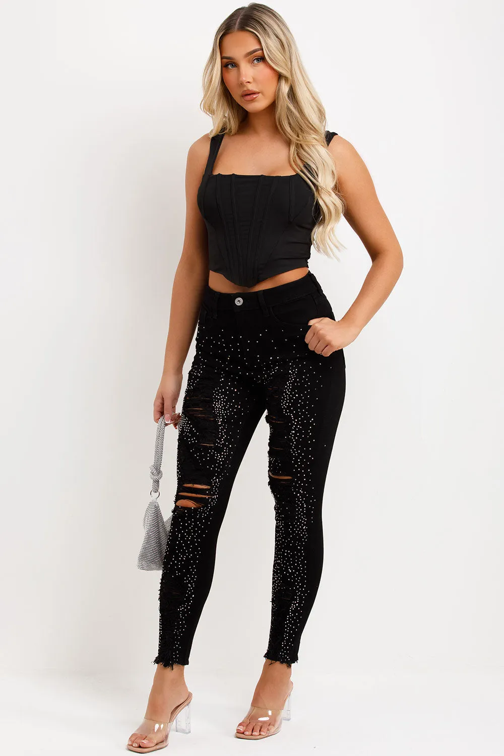 Black Ripped Jeans With Diamante Detail