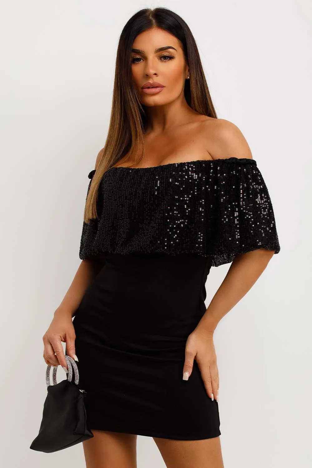 Black Sparkly Sequin Bardot Bodycon Dress