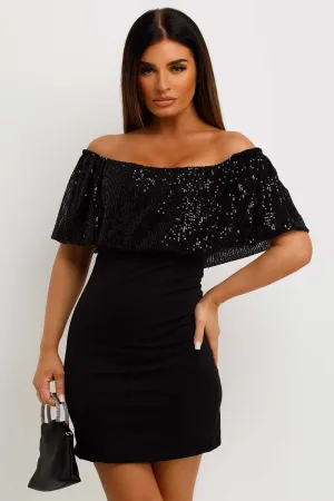 Black Sparkly Sequin Bardot Bodycon Dress
