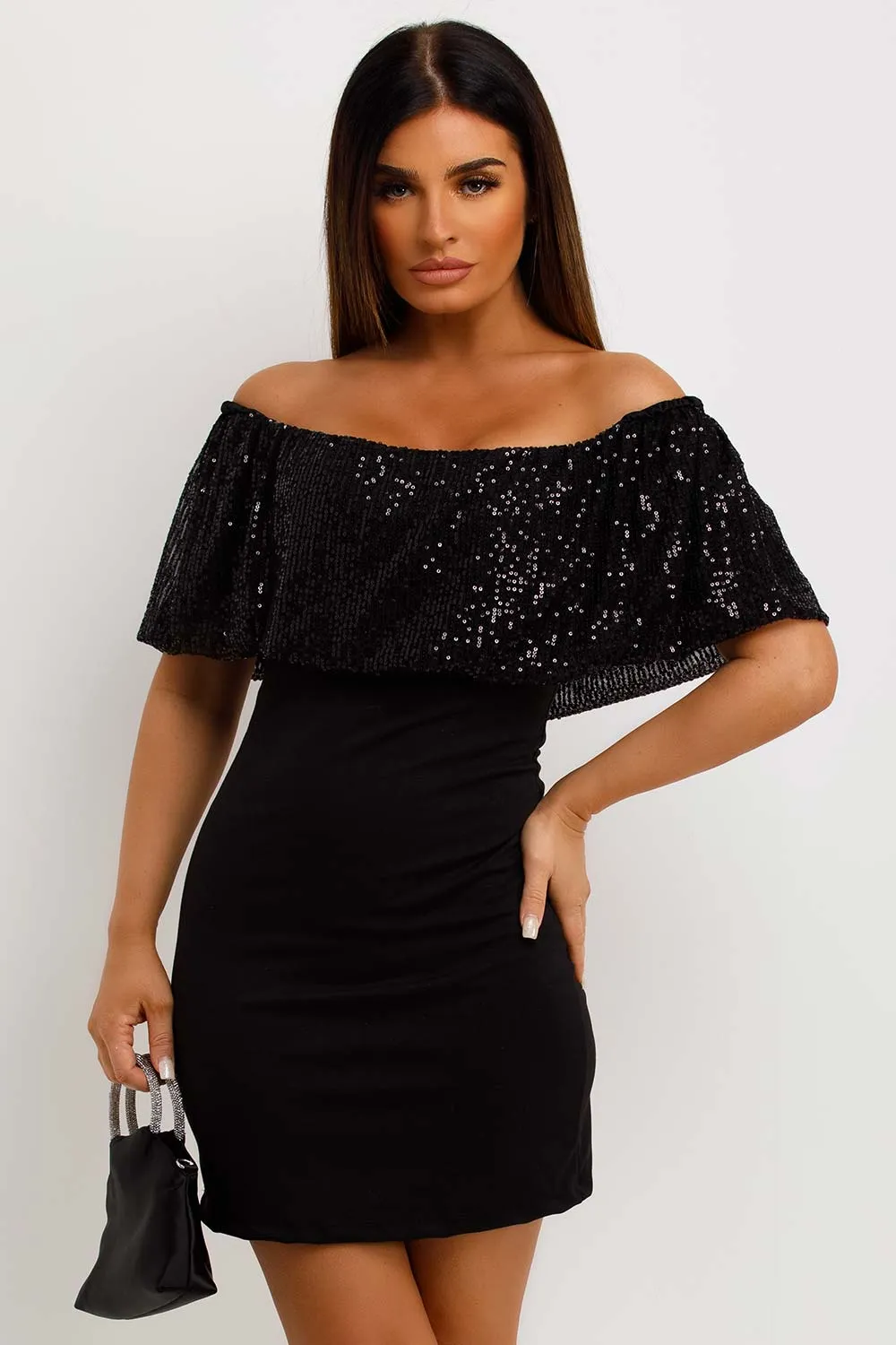 Black Sparkly Sequin Bardot Bodycon Dress