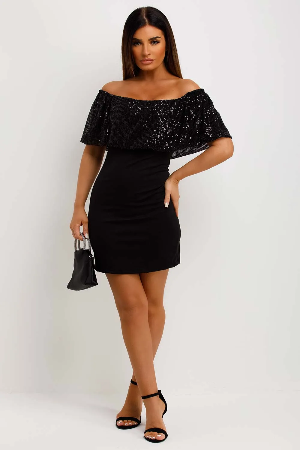 Black Sparkly Sequin Bardot Bodycon Dress