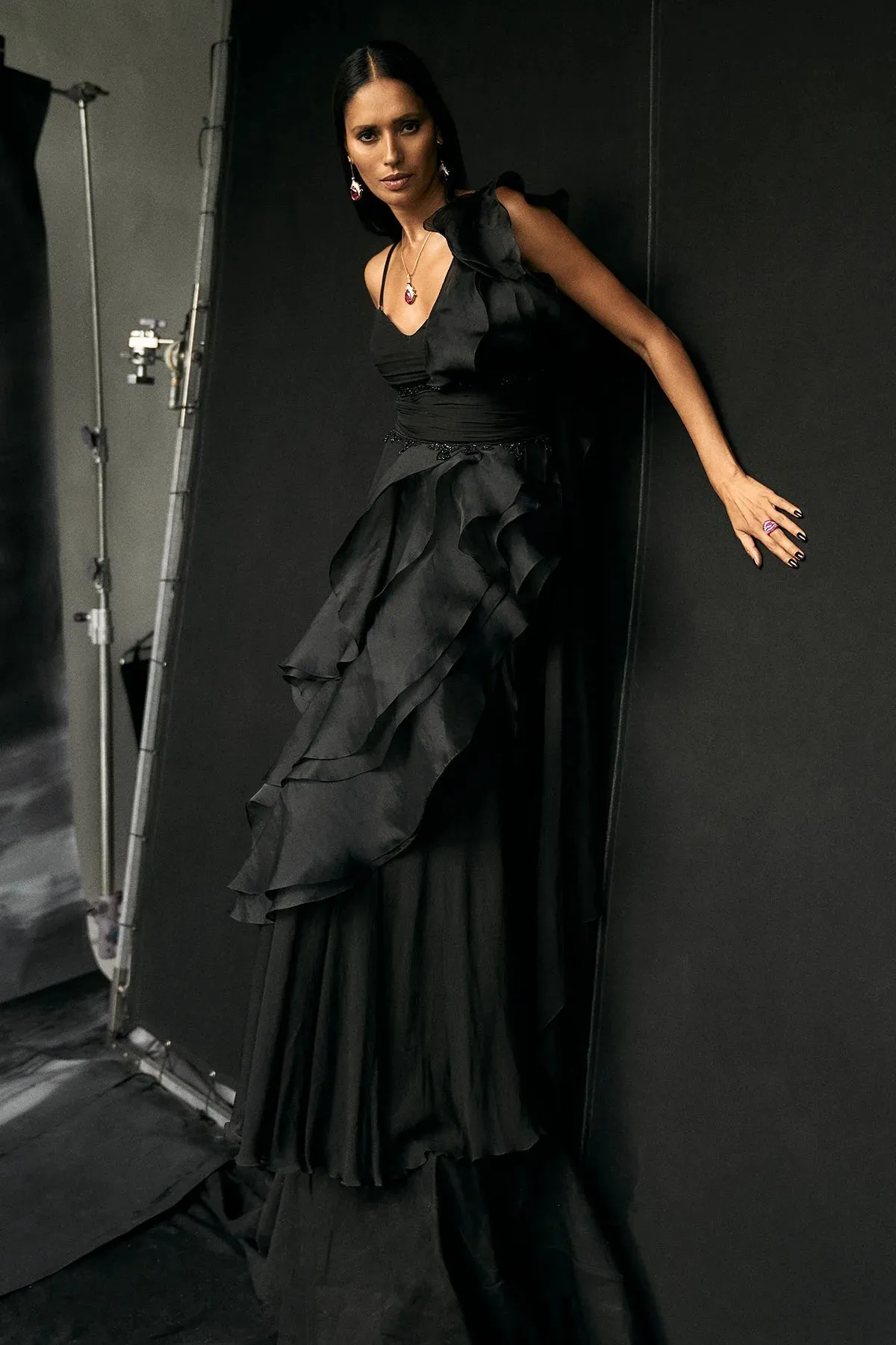 Black Super Ruffle Saree Gown With Embroidered Rushing Belt