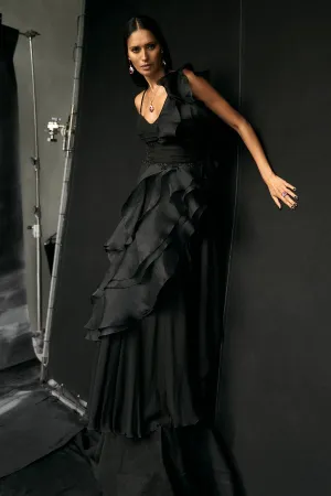 Black Super Ruffle Saree Gown With Embroidered Rushing Belt