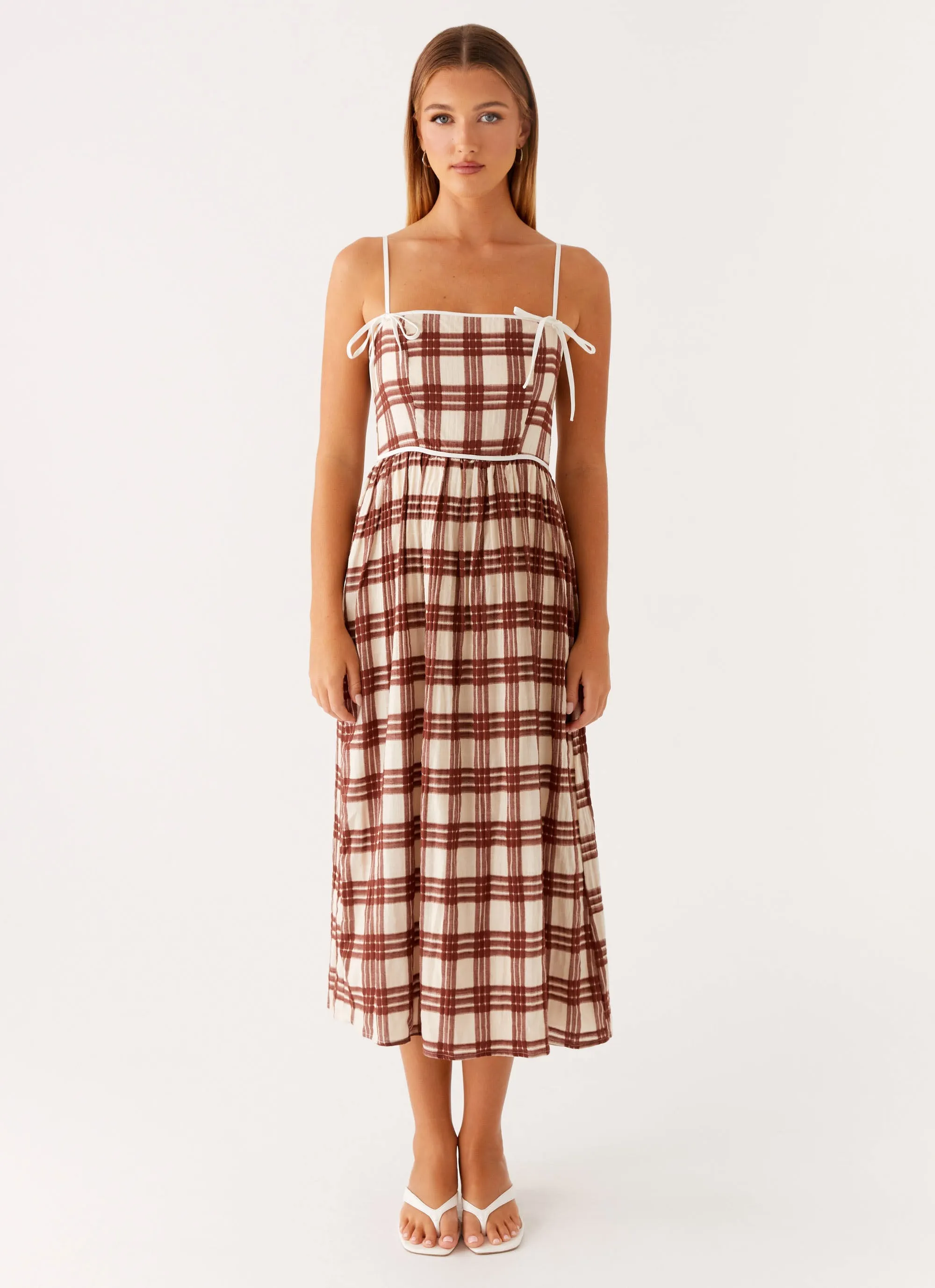 Shyanne Midi Dress - Chocolate Check Calm Shine Sage Glow
