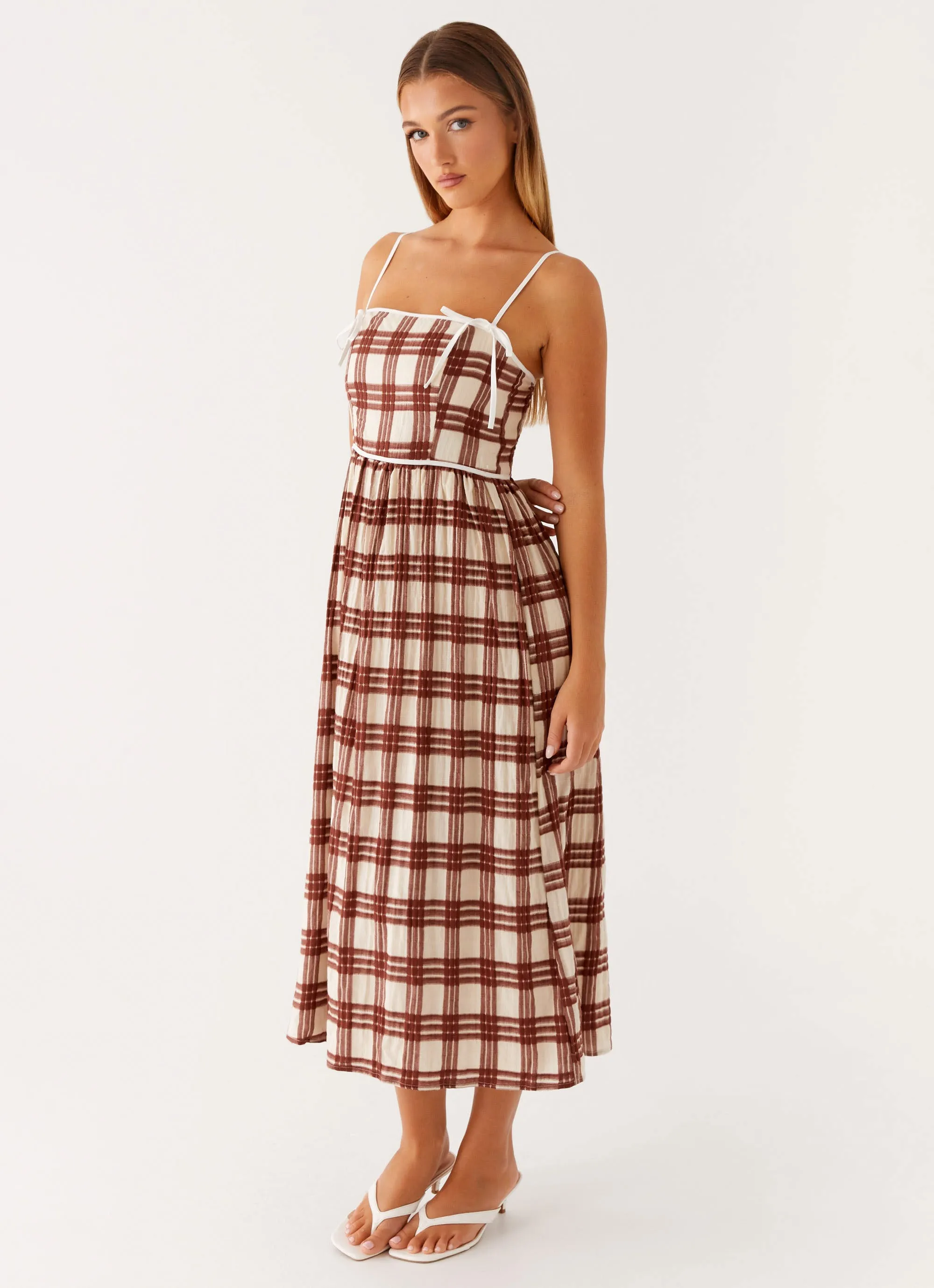 Satin Glow Shyanne Midi Dress - Chocolate Check
