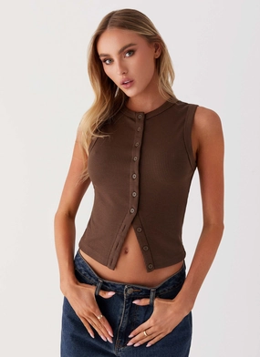 Blair Buttoned Knit Top - Chocolate Double Stitched Seams