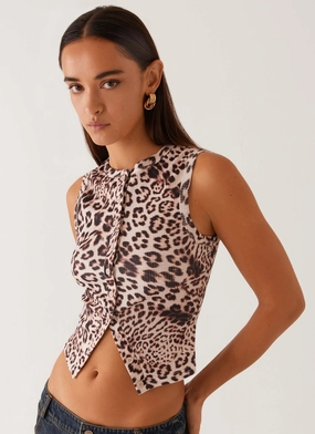Blair Buttoned Tank Top - Leopard ZipperedPockets ClassicCrewNeck