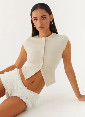 Multipanel Construction Blair Cap Sleeve Buttoned Top - Oatmeal