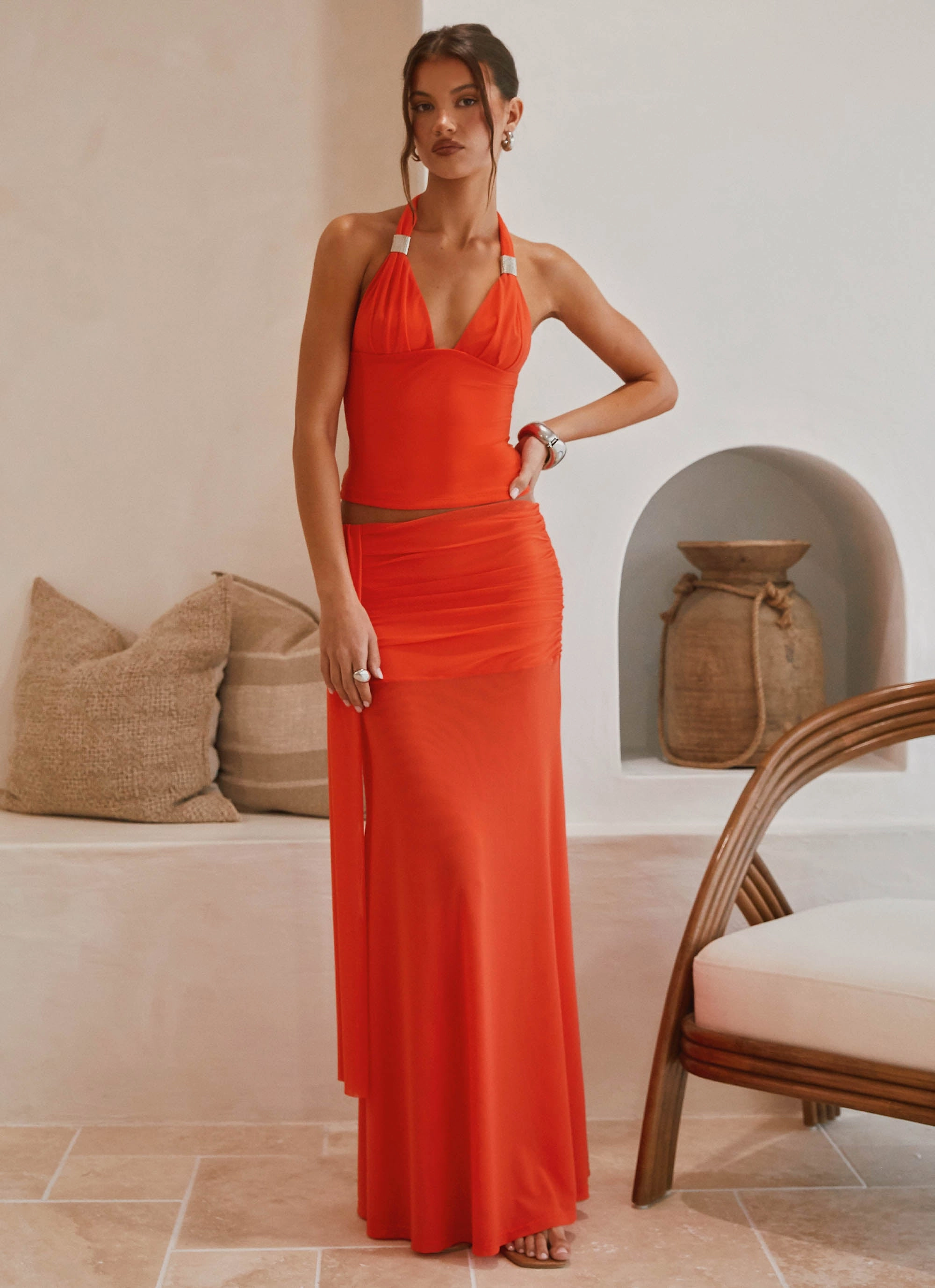 Blaze Maxi Skirt - Fire Red Laser Cut Perforations