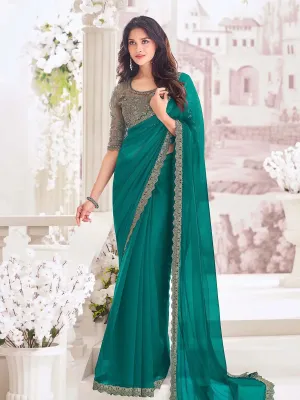 Blazing Teal Green Pure Chiffon Party Wear Saree