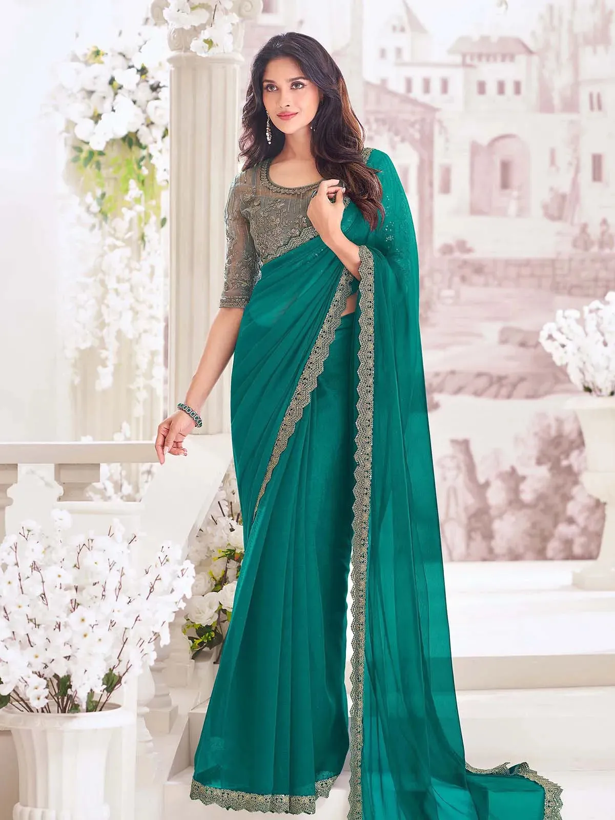 Blazing Teal Green Pure Chiffon Party Wear Saree