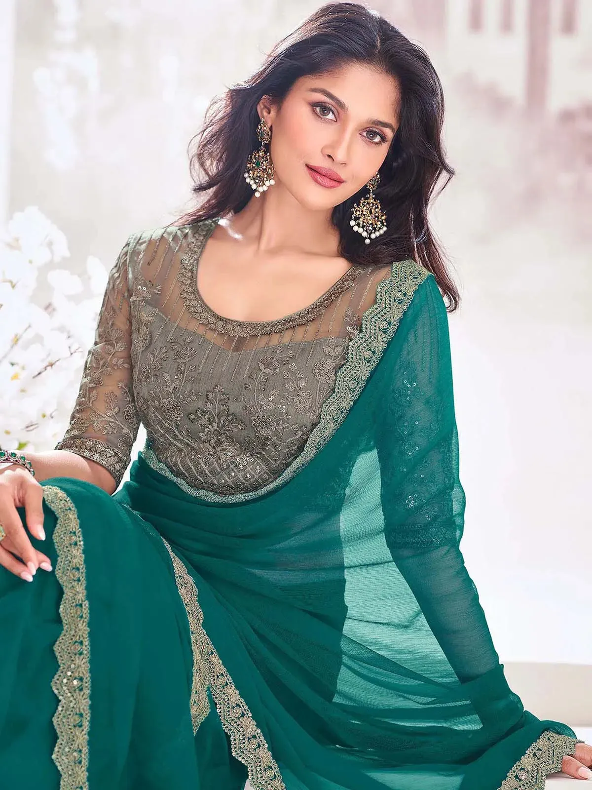 Blazing Teal Green Pure Chiffon Party Wear Saree