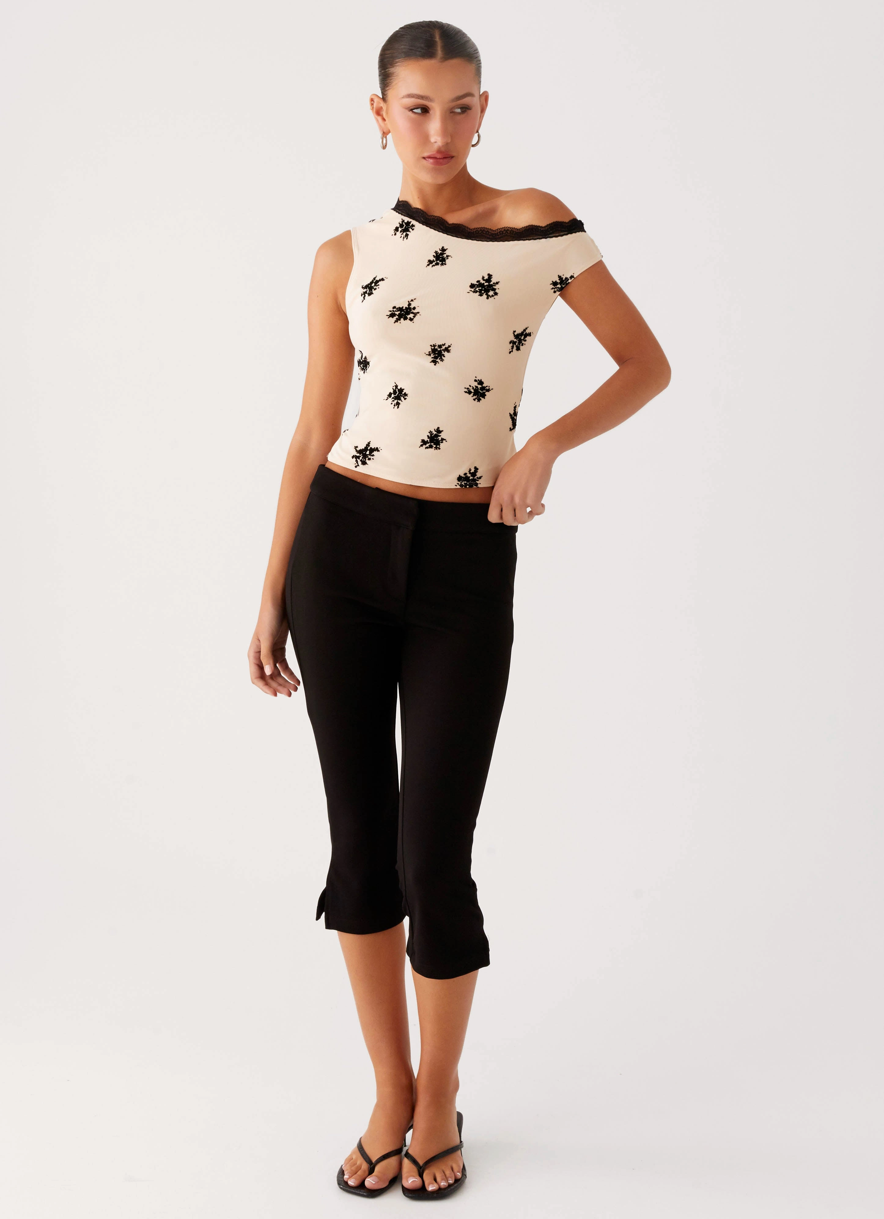 Blind Faith Flock One Shoulder Top - Cream Ribbed Hem Stretch Technology