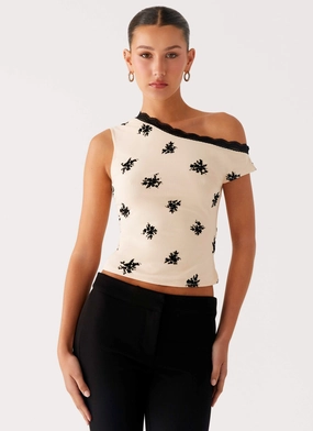 Drop Shoulder Silhouette FlexibleMobility Blind Faith Flock One Shoulder Top - Cream