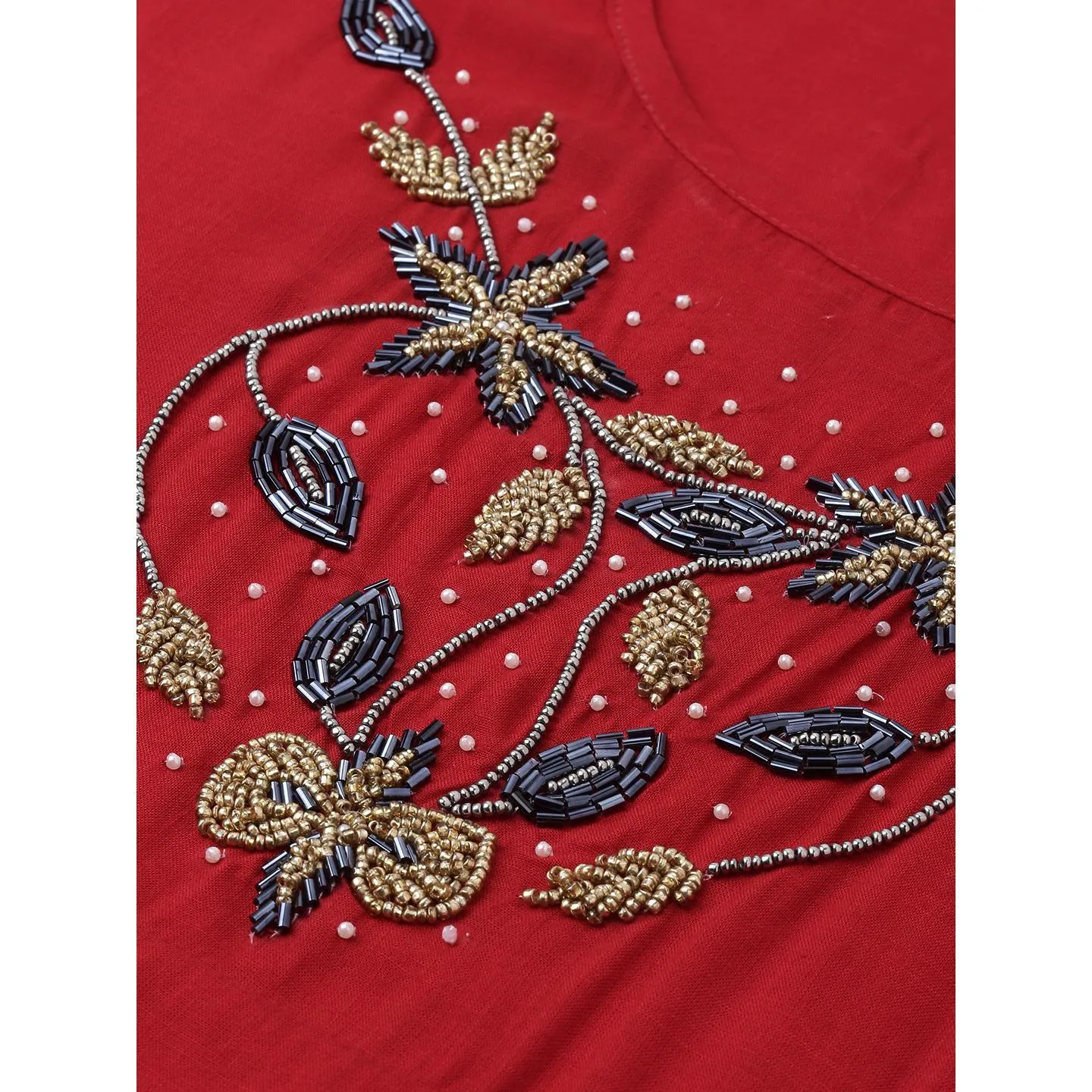 Blissta Women Red Coloured Solid Kurti With Plazzo With Hamd Work Detailing