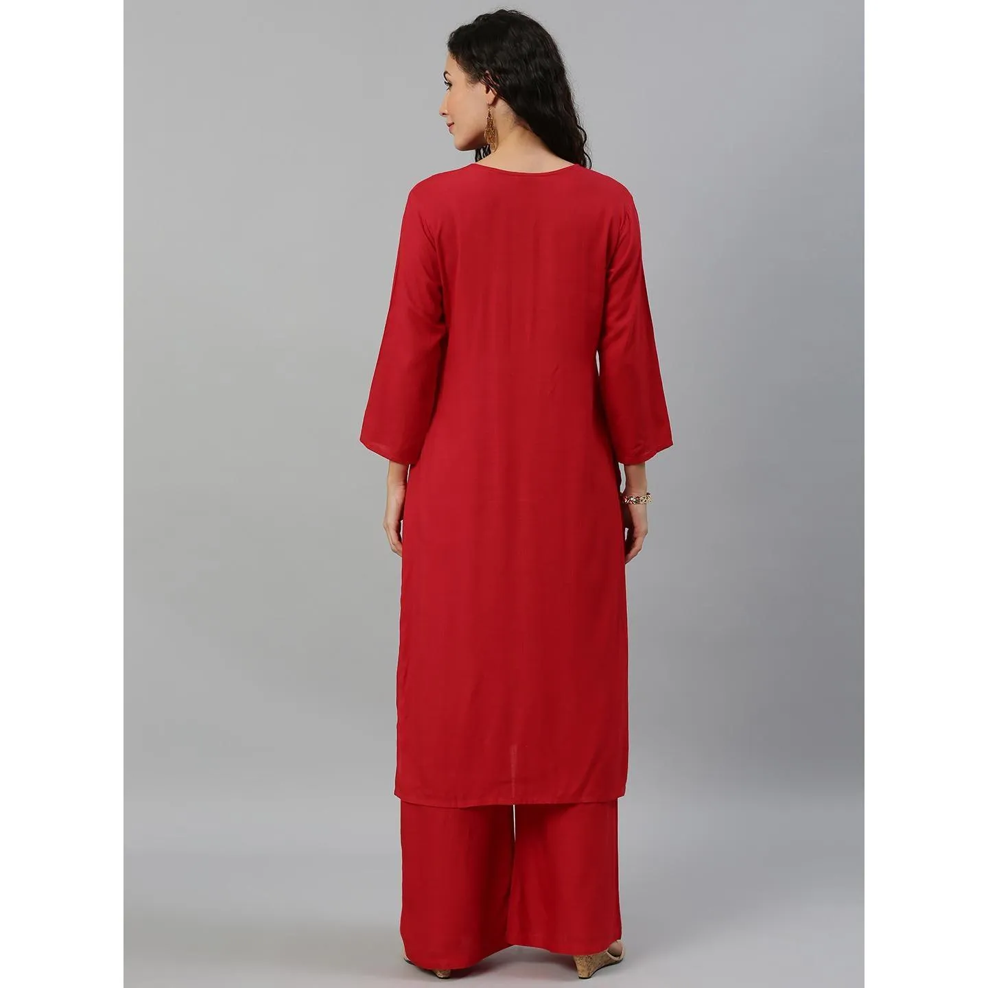 Blissta Women Red Coloured Solid Kurti With Plazzo With Hamd Work Detailing