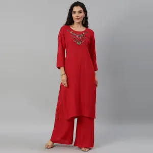 Blissta Women Red Coloured Solid Kurti With Plazzo With Hamd Work Detailing