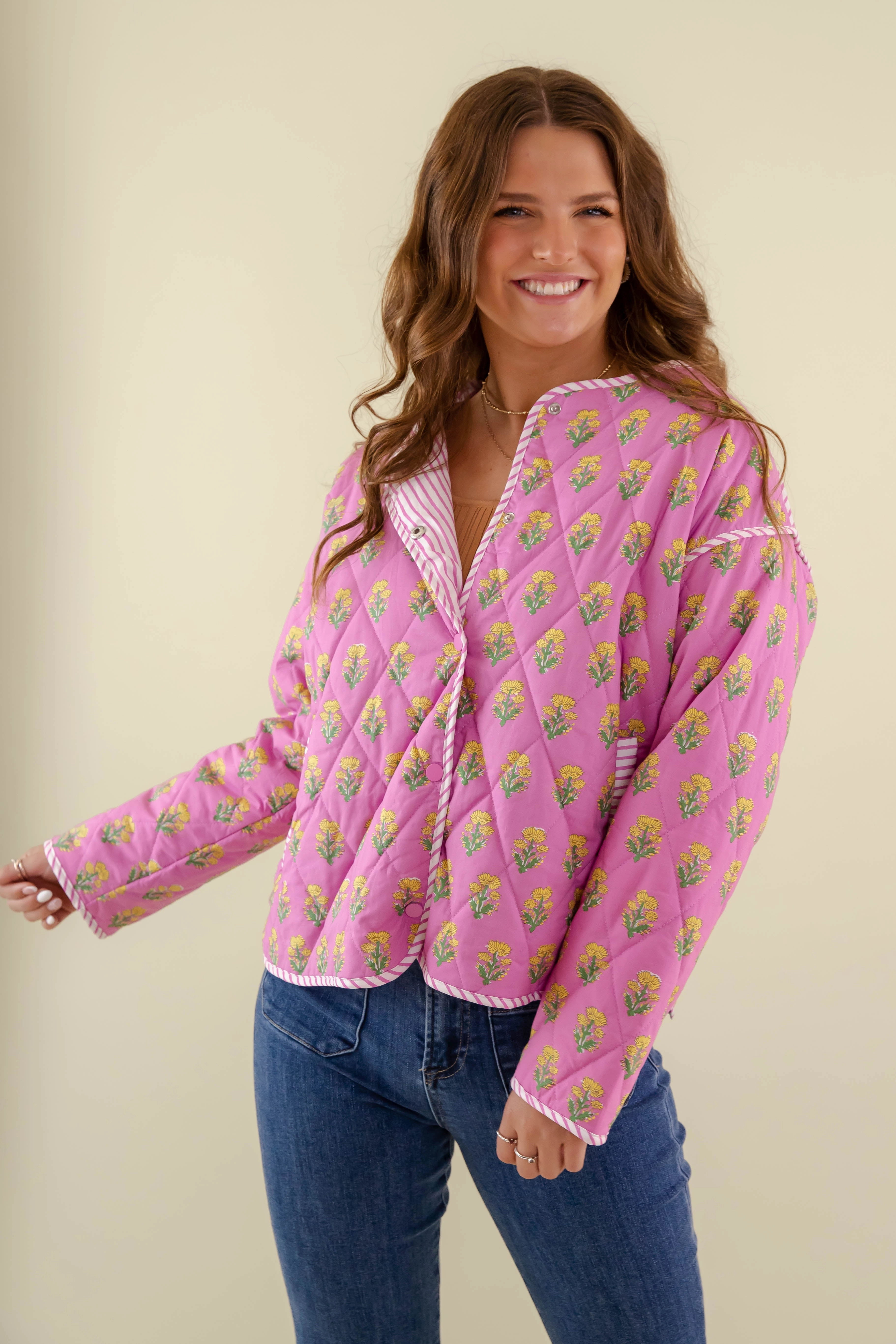Stretchable Material Wool Sweater Blooming Where Planted Quilted Jacket