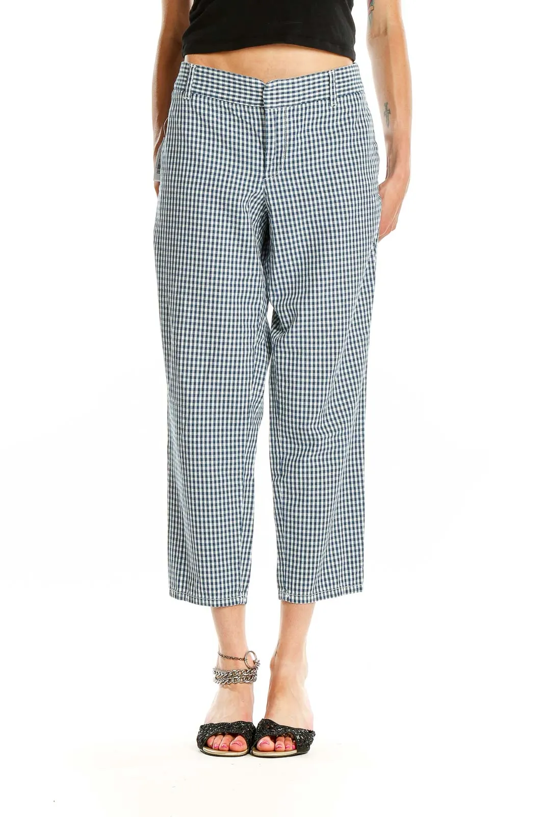 Blue and White Gingham Cropped Pants