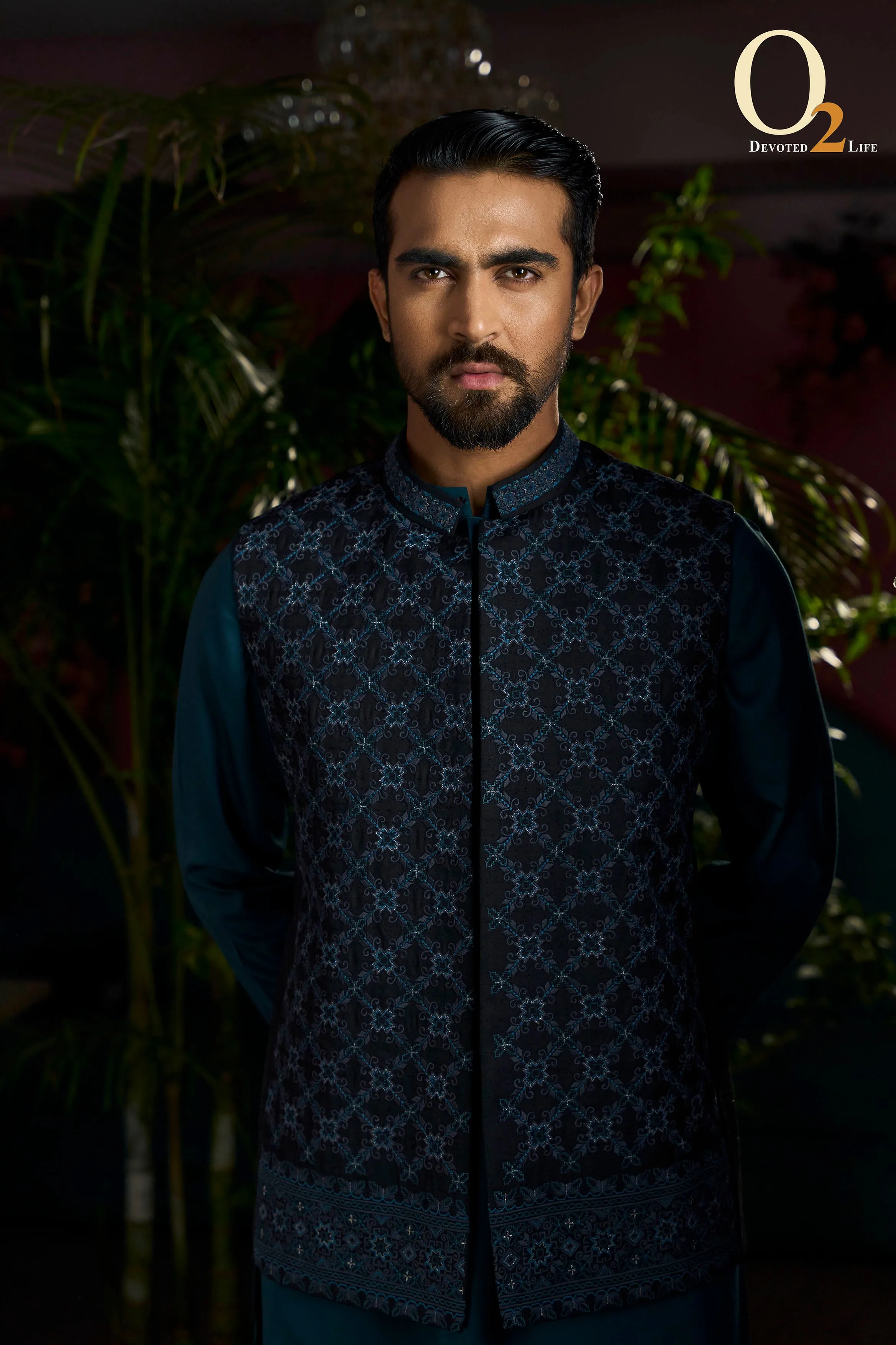 Blue Banarasik Festival Wear Jacquard Ethnic Vest