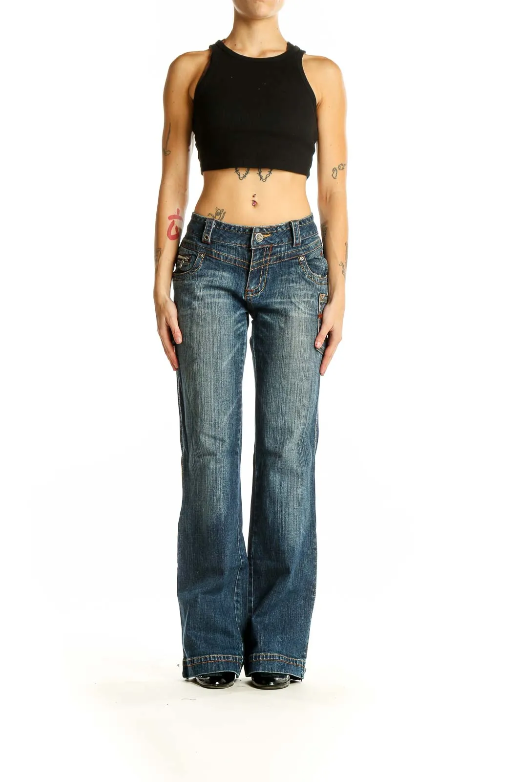 Blue Distressed Wide-Leg Denim Jeans
