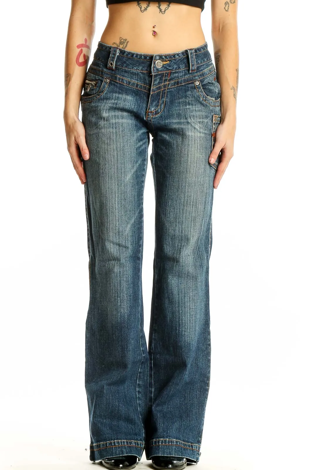 Blue Distressed Wide-Leg Denim Jeans