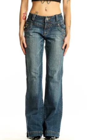 Blue Distressed Wide-Leg Denim Jeans