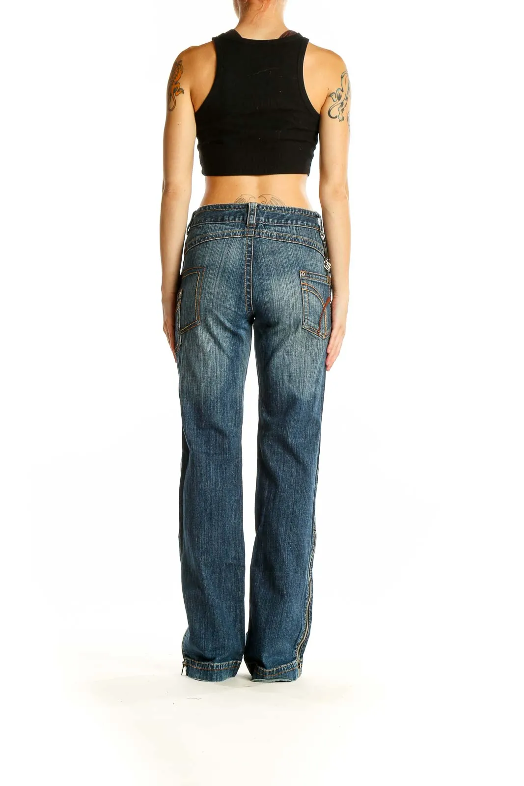 Blue Distressed Wide-Leg Denim Jeans