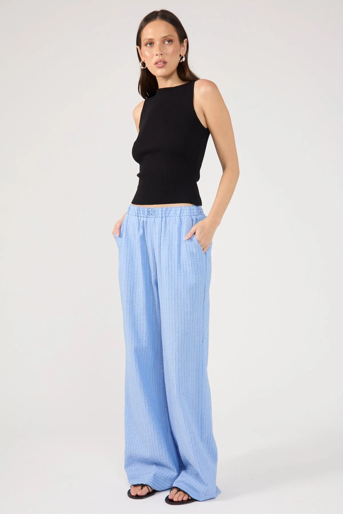 Blue Striped Straight-Leg Pants