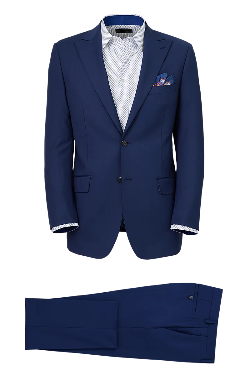 Blue Wool Stretch Single Breasted Peak Lapel Suit