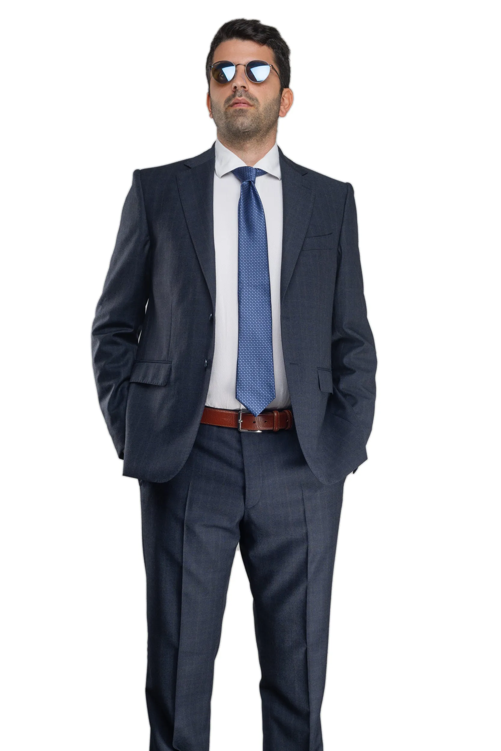 Blue/Prince of Wales Charcoal Cool Wool Suit by Reda