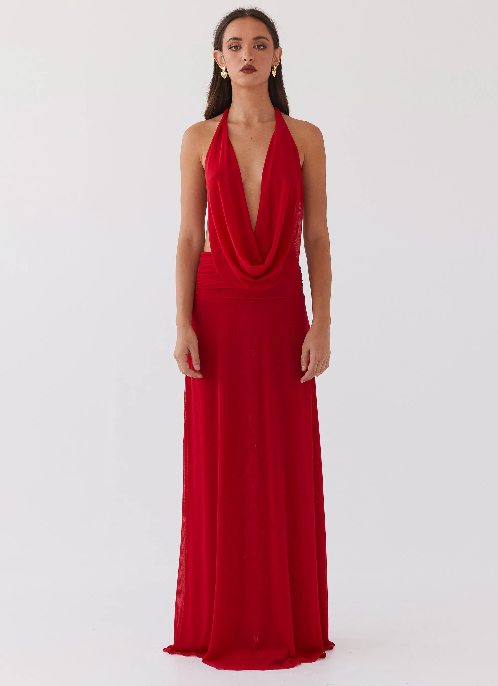 Travel-friendly Elysia Mesh Maxi Dress - Cherry Red